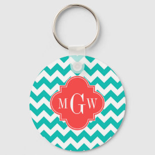 Blauwgroen Witte Chevron Coral Quatrefoil 3 Monogr Sleutelhanger