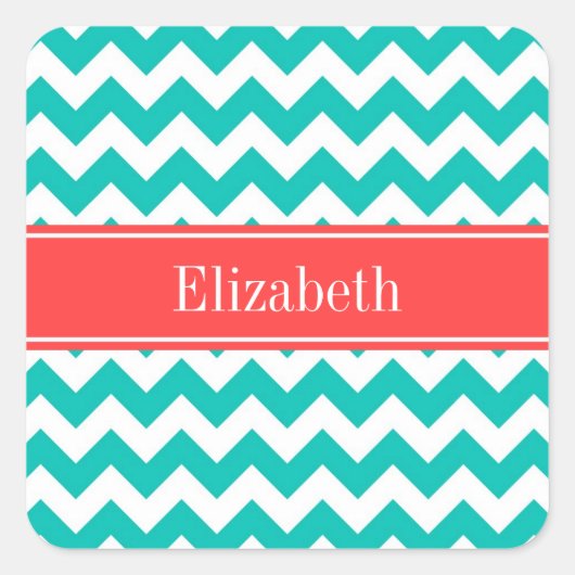 Blauwgroen Witte Chevron ZigZag Coral Name Monogra Vierkante Sticker (Voorkant)