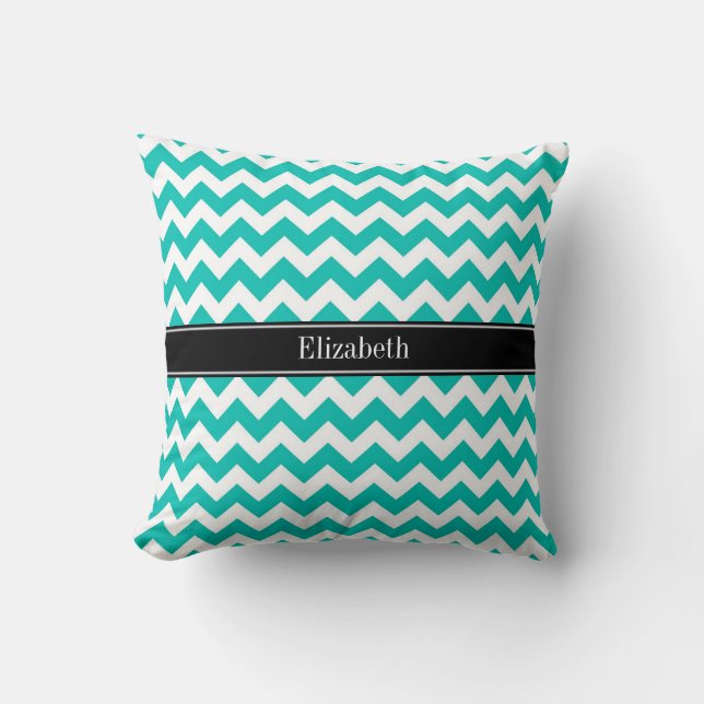 Blauwgroen Witte Chevron ZigZag Zwarte Naam Monogr Kussen (Voorkant)