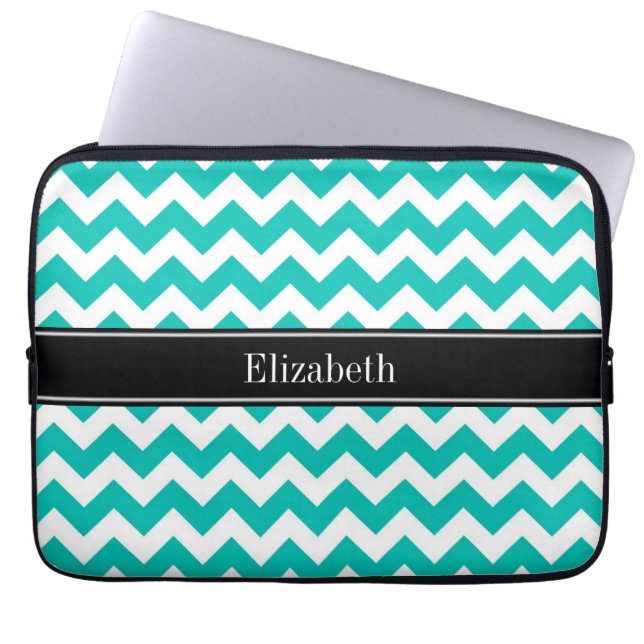 Blauwgroen Witte Chevron ZigZag Zwarte Naam Monogr Laptop Sleeve (Voorkant)