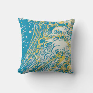 Blauwgroen witte gele golven design kussen