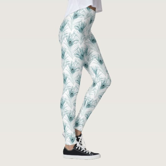 Blauwgroen Witte Glitzy Glam Pauw Veren Leggings (Rechts)