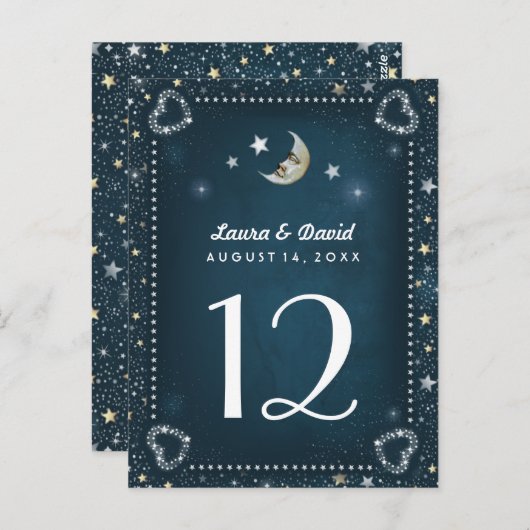 Blauwgroen Witte & Gouden Maan & Sterren Tafelnumm Briefkaart (Voorkant / Achterkant)