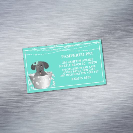 Blauwgroen Witte Hond in Tub Pet Groomer Magnetisch Visitekaartje (Voorbeeld)