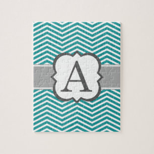 Blauwgroen witte monogram A Chevron Legpuzzel