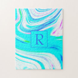 Blauwgroen Witte Roze Golven Monogram Abstracte Pa Legpuzzel