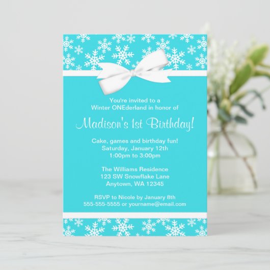 Blauwgroen witte sneeuwvlokken Bow Winter ONEderla Kaart (Staand voorkant)