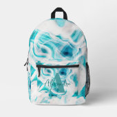 Blauwgroen Witte Vloeibare Swirls Abstracte Monogr Bedrukte Rugzak (Voorkant)
