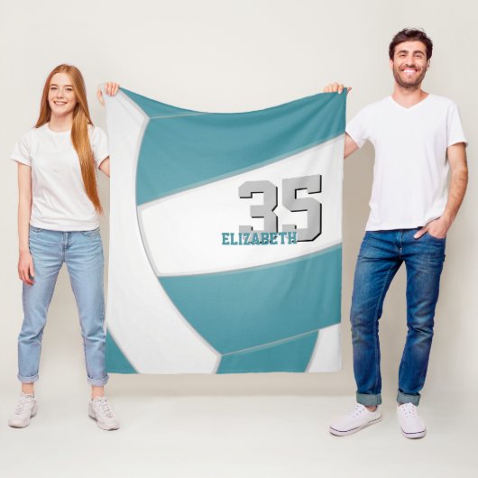 blauwgroen witte volleybalteamkleuren aangepaste n fleece deken (In situ)