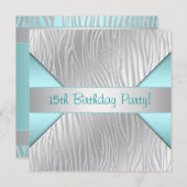 Blauwgroen Zebra Elegante 15e verjaardagsuitnodigi Kaart (Voorkant / Achterkant)