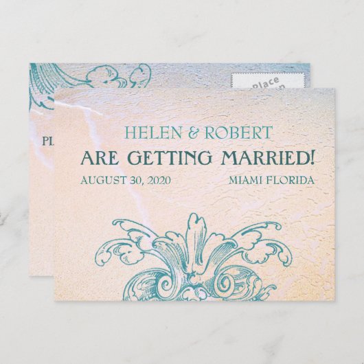 Blauwgroen  Zee Shell Scroll Beach Sla de datum op Aankondigingskaart (Voorkant / Achterkant)