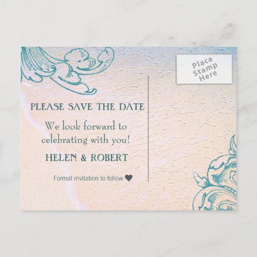 Blauwgroen  Zee Shell Scroll Beach Sla de datum op Aankondigingskaart (Achterkant)