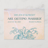 Blauwgroen  Zee Shell Scroll Beach Sla de datum op Aankondigingskaart (Voorkant)