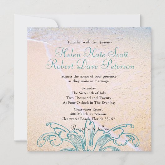 Blauwgroen  Zee Shell Scroll Beach Wedding Invite Kaart (Voorkant)