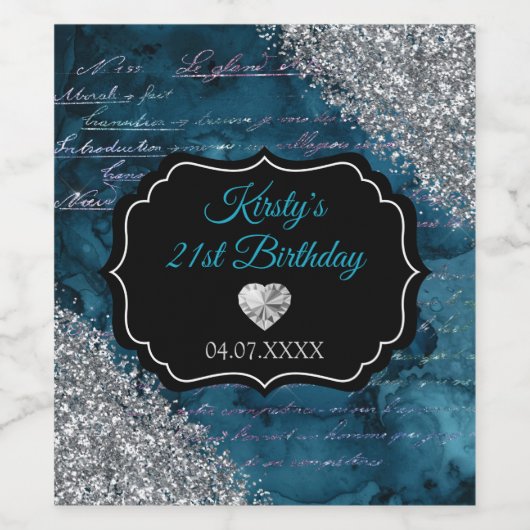 Blauwgroen Zeemeermin Silver Glitter Birthday Wijn Etiket (Enkel label)