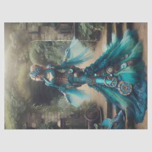 Blauwgroen Zeemeermin Steampunk  Victoriaans Dame Tissuepapier (Voorkant)