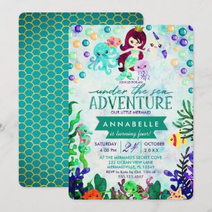 Blauwgroen Zeemeermin thema Verjaardagsfeestuitnod Kaart