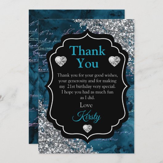 Blauwgroen Zeemeerminnen Silver Glitter Dank u Bedankkaart (Voorkant / Achterkant)