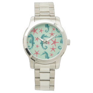 Blauwgroen zeepaardpatroon 2 horloge