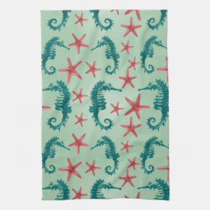 Blauwgroen zeepaardpatroon 2 theedoek
