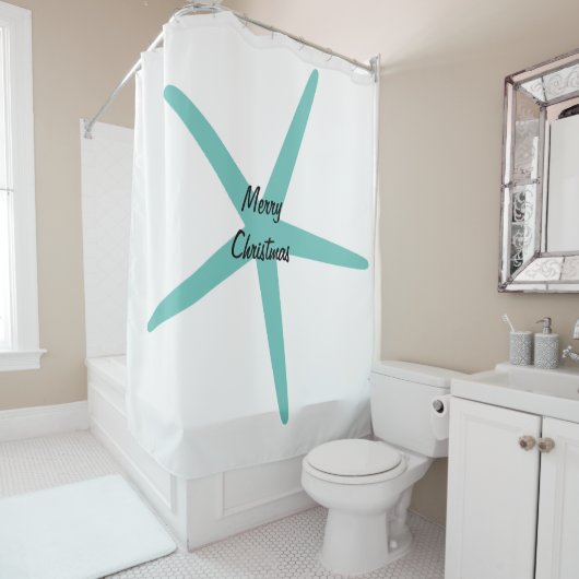 Blauwgroen zeesterren Vrolijke Kerstmis aangepaste Douchegordijn (In situ)