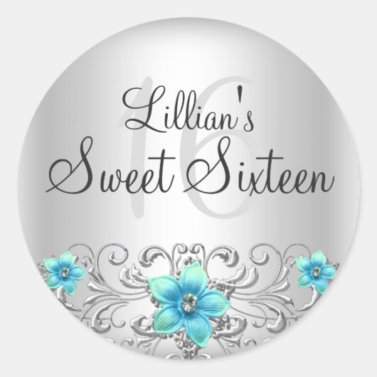 Blauwgroen zilver Floral Swirl Sweet 16 Sticker (Voorkant)