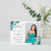 Blauwgroen & Zilver Tiara Quinceañera Foto Briefka Briefkaart (Staand voorkant)