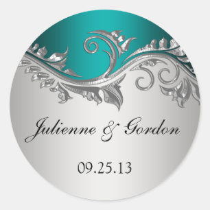 Blauwgroen Zilver Zwart Bruiloft Favor Sticke Ronde Sticker