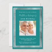 Blauwgroen zilveren foto verjaardag kaart (Voorkant)