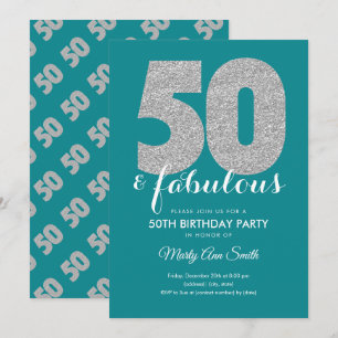 Blauwgroen Zilveren Glitter 50 & Fabulous Birthday Kaart