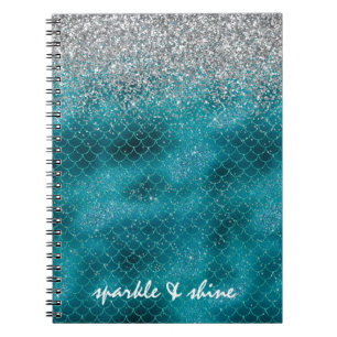Blauwgroen zilveren Sparkle Mermaid gepersonalisee Notitieboek