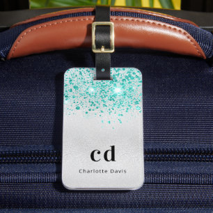 Blauwgroen zilverglitter zee groene monogram naam bagagelabel