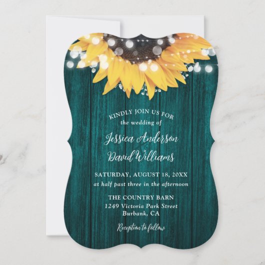 Blauwgroen zonnebloem Rustic Barn Wood Wedding Kaart (Voorkant)