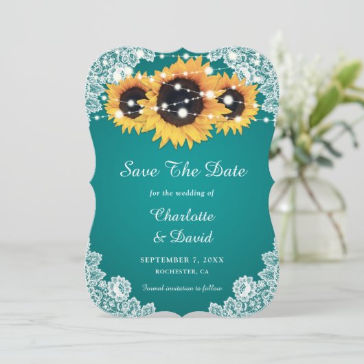 Blauwgroen zonnebloempitten save the date (Staand voorkant)