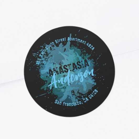 Blauwgroen zwart artistiek rond retour adres label