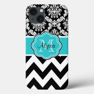 Blauwgroen zwart Damask Chevron Monogram iPhone 13 Hoesje