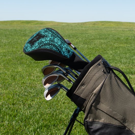 Blauwgroen zwart Floral Mandala Monogram Golfheadcover (Insitu)