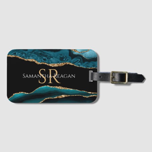 Blauwgroen zwart-goudgedoe, DIY-naam en monogram Bagagelabel (Voorkant (horizontaal))