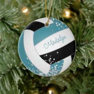 Blauwgroen zwart volleybal w zilveren sterren meis keramisch ornament