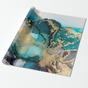 Blauwgroen zwarte-alcoholinkt-vloeistofartabstract cadeaupapier