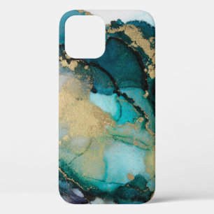 Blauwgroen zwarte-alcoholinkt-vloeistofartabstract iPhone 12 hoesje