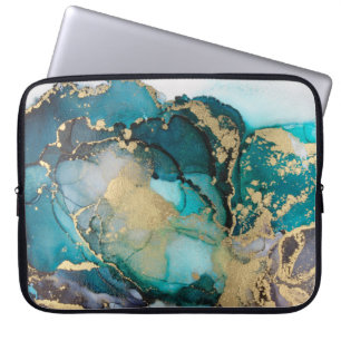 Blauwgroen zwarte-alcoholinkt-vloeistofartabstract laptop sleeve