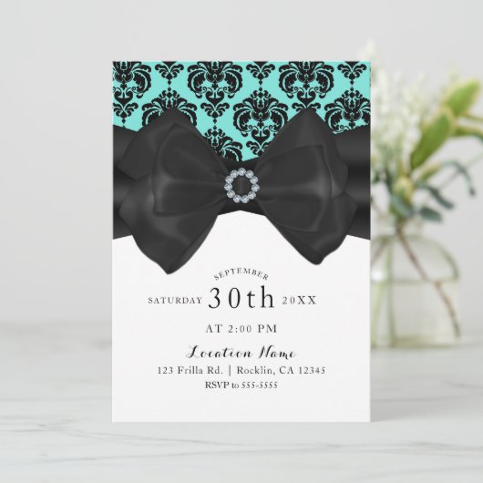 Blauwgroen & zwarte Damask Bow Glam Chic Sweet 16 Kaart (Staand voorkant)