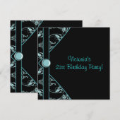 Blauwgroen zwarte damask vrouwen 21ste verjaardags kaart (Voorkant / Achterkant)