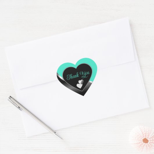 Blauwgroen Zwarte Schattigee Harten en Wavy Silver Hart Sticker (Envelop)