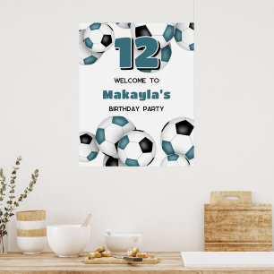 blauwgroen zwarte voetballen meisjes verjaardagsfe poster