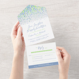 Blauwgroene aquarel neervallend op een vertraagde  all in one uitnodiging