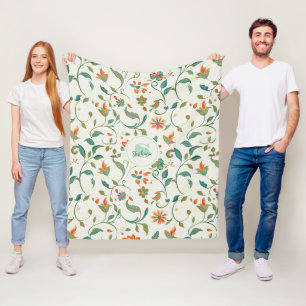Blauwgroene Bladeren & Oranje Bloempatroon Fleece Deken