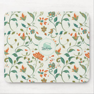 Blauwgroene Bladeren & Oranje Bloempatroon Muismat