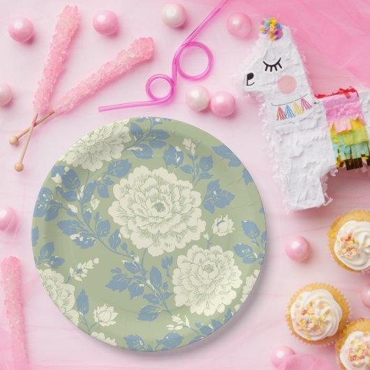 Blauwgroene Blokdruk Bloemendruk Papieren Bordje (Feest)